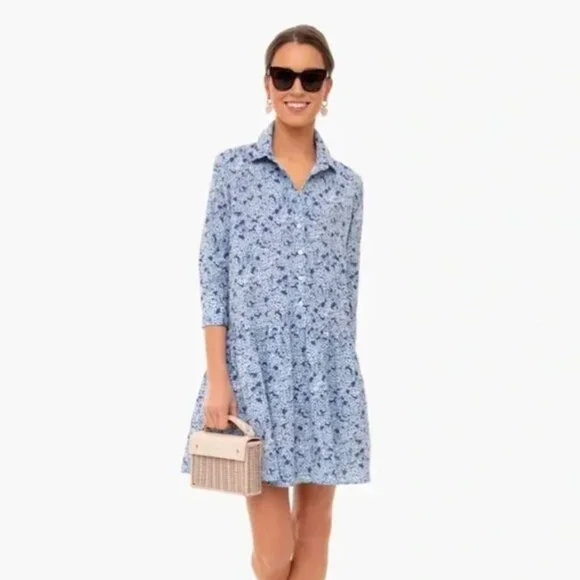 Tuckernuck Hayes Button Front Shirt Dress Blue Hydrangeas XXS
